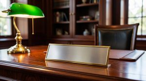 A brass nameplate on an executive's desk.